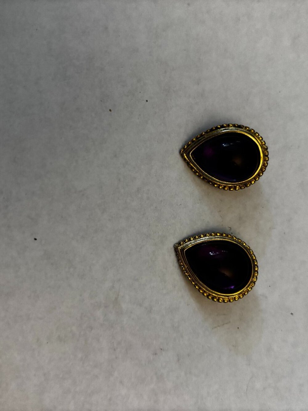 Clip on earrings gold tone teardrop purple glass stone